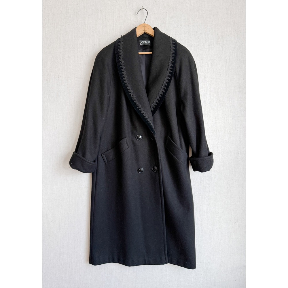 Vintage Jofeld Black Wool Long Coat Velvet Soutache Trim Shawl Collar USA Made‎